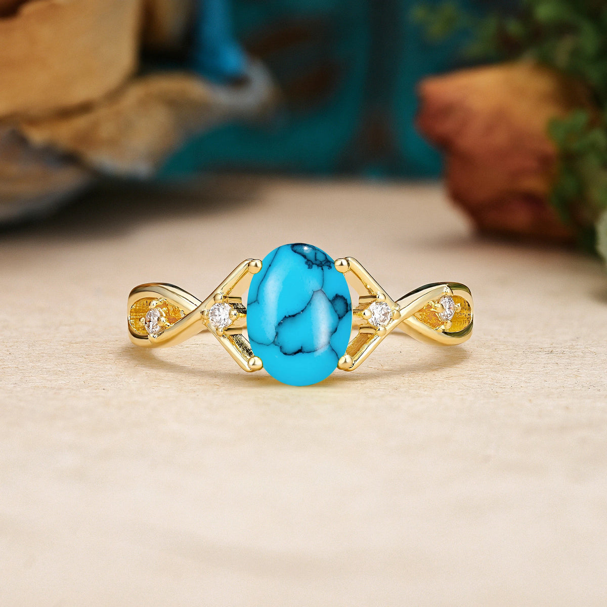 Oval Cut Turquoise Classic Twisted Luxury 4-Prong Engagement Ring