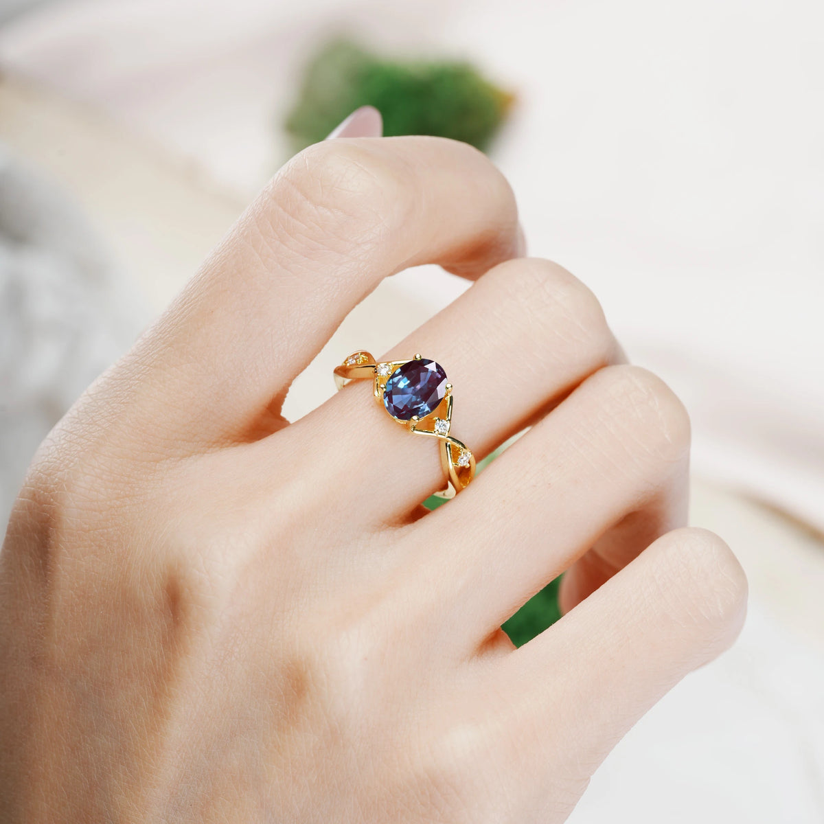 Oval Cut Alexandrite Classic Twisted Luxury 4-Prong Engagement Ring