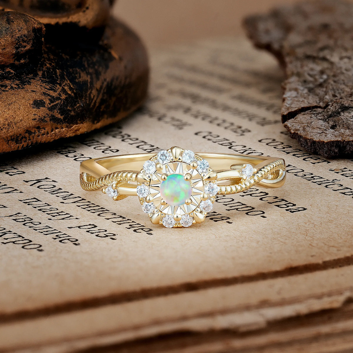 Unique, Luxurious, Twisted 4-Prong Round Cut Fire Opal Engagement Ring