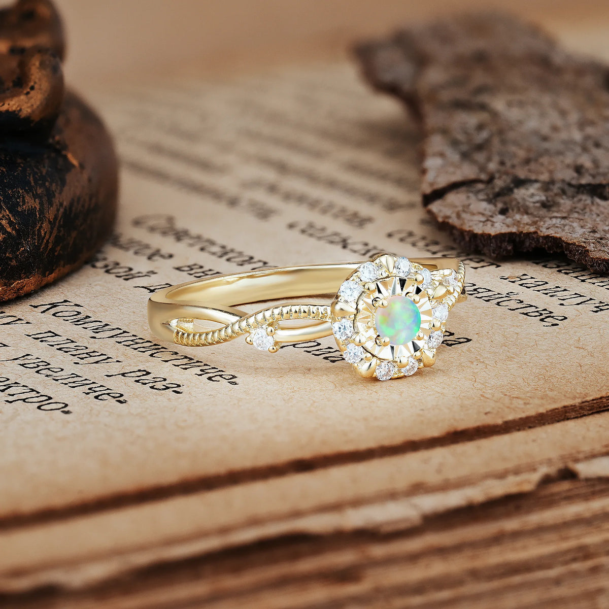 Unique, Luxurious, Twisted 4-Prong Round Cut Fire Opal Engagement Ring
