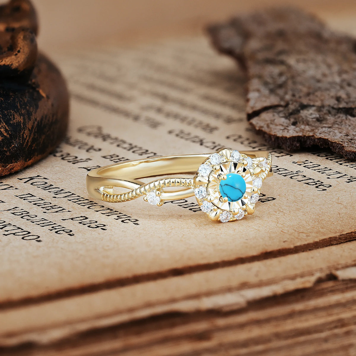Unique, Luxurious, Twisted 4-Prong Round Cut Turquoise Engagement Ring