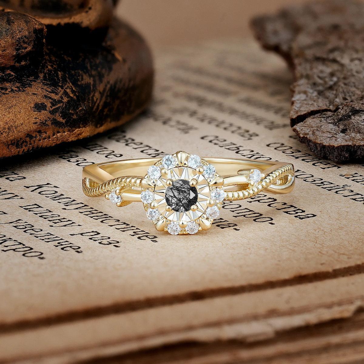Unique, Luxurious, Twisted 4-Prong Round Cut Black Rutilated Quartz Engagement Ring