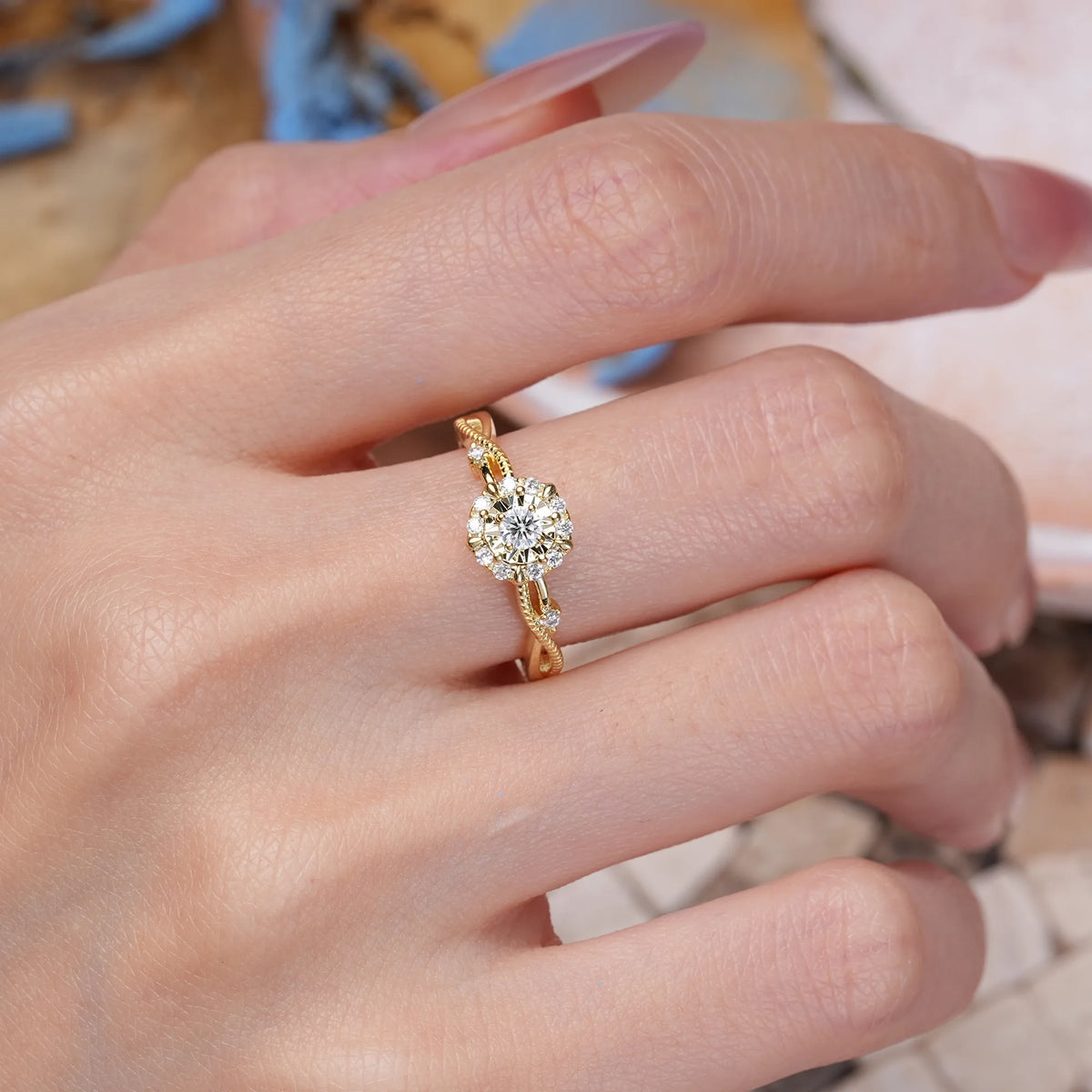 Round Cut Lab Diamond Unique, Luxurious, Twisted 4-Prong Promise Ring
