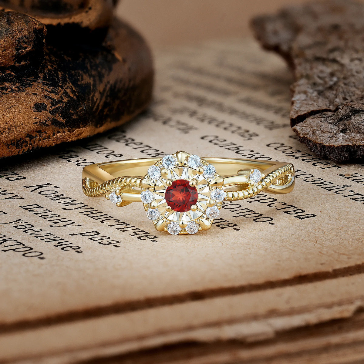 Unique, Luxurious, Twisted 4-Prong Round Cut Garnet Engagement Ring