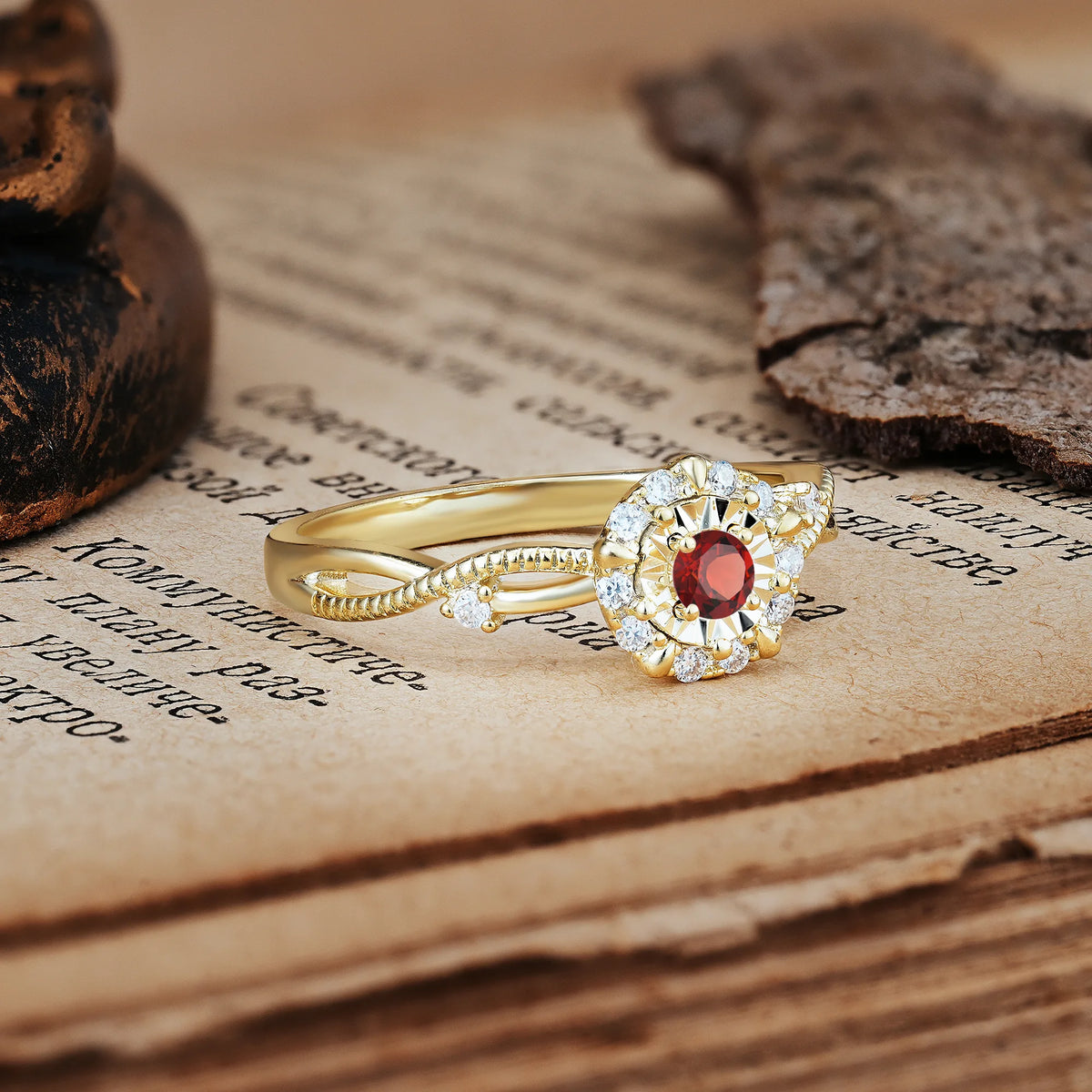 Unique, Luxurious, Twisted 4-Prong Round Cut Garnet Engagement Ring