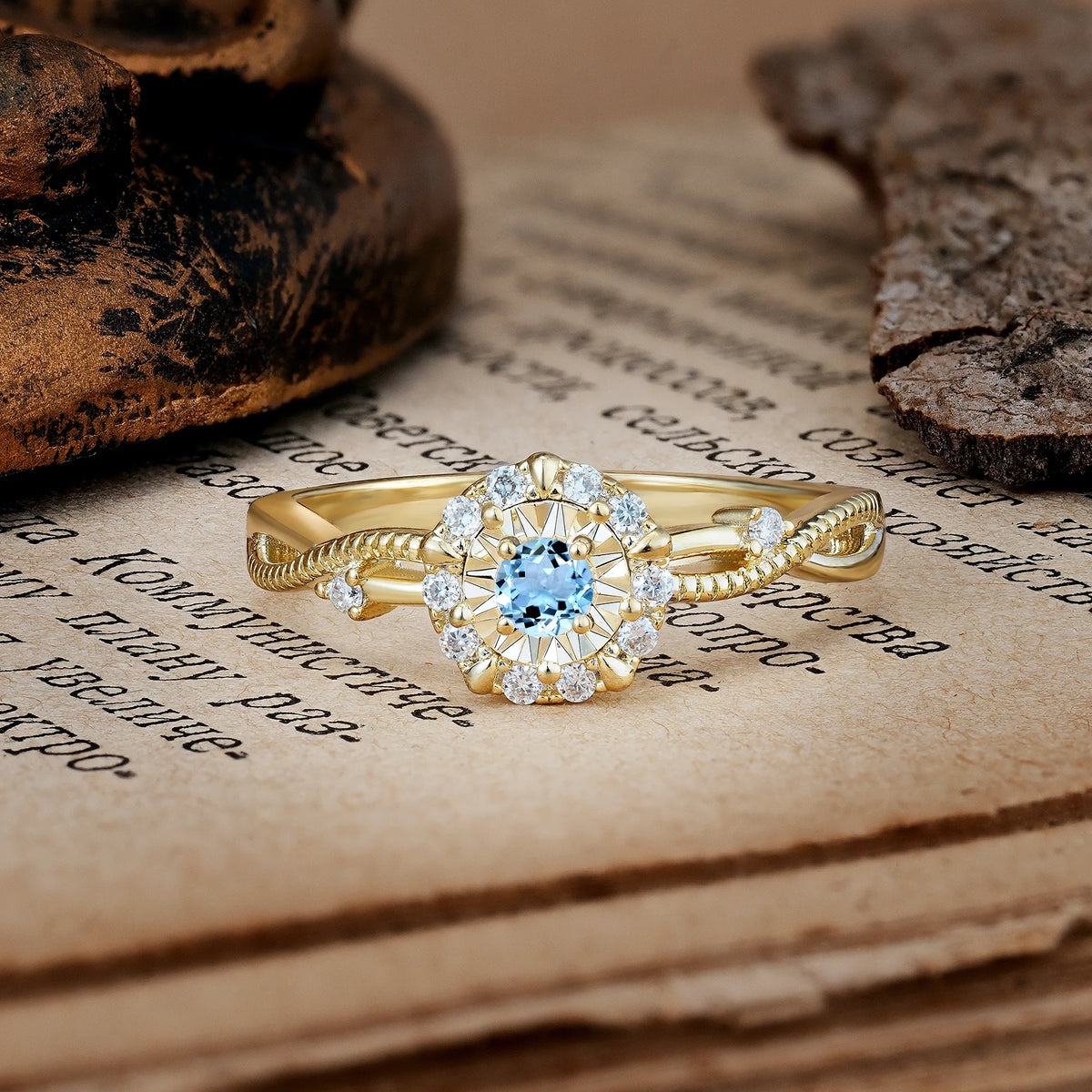 Unique, Luxurious, Twisted 4-Prong Round Cut Aquamarine Engagement Ring