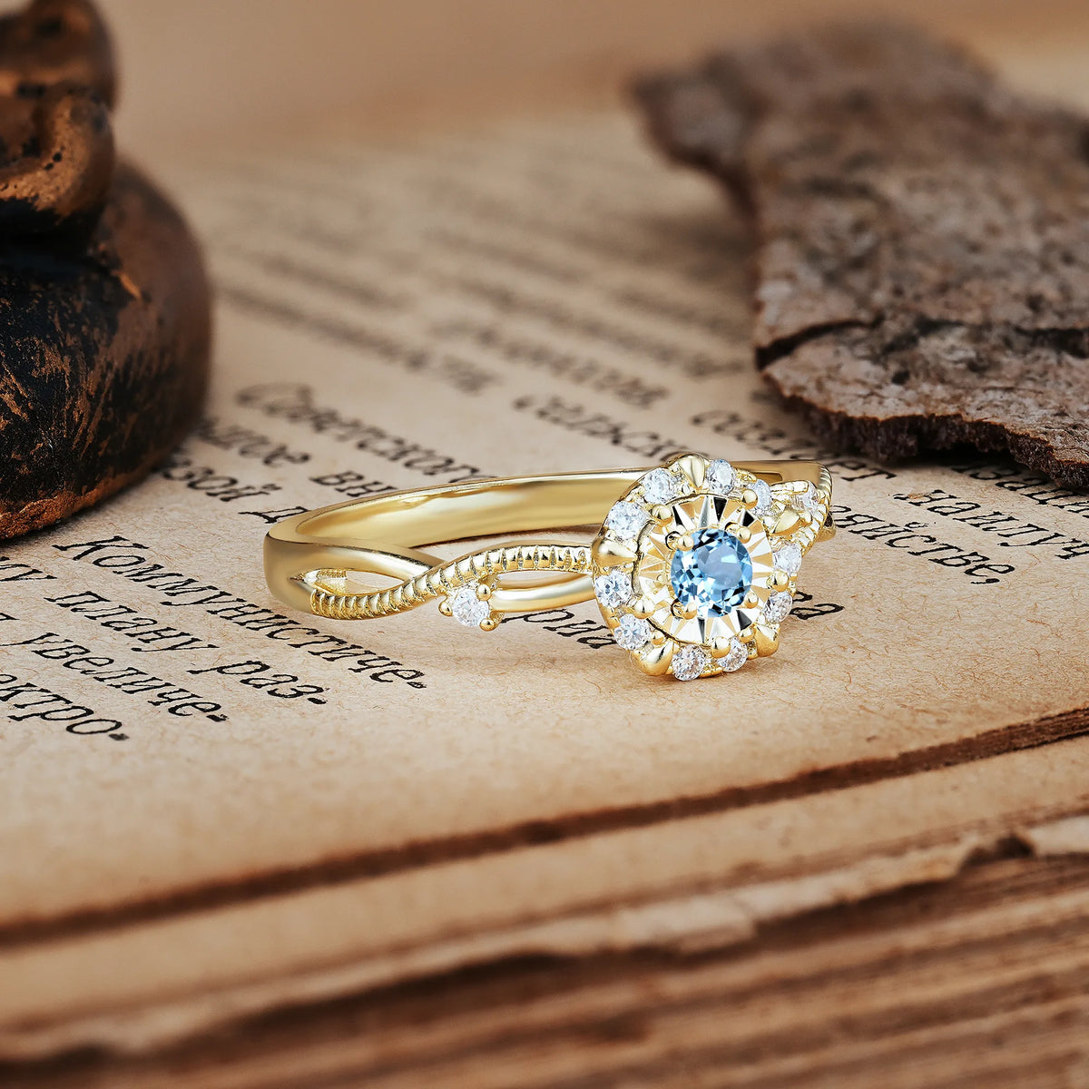 Unique, Luxurious, Twisted 4-Prong Round Cut Aquamarine Engagement Ring