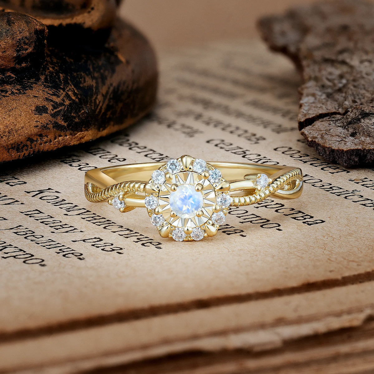 Unique, Luxurious, Twisted 4-Prong Round Cut Moonstone Engagement Ring