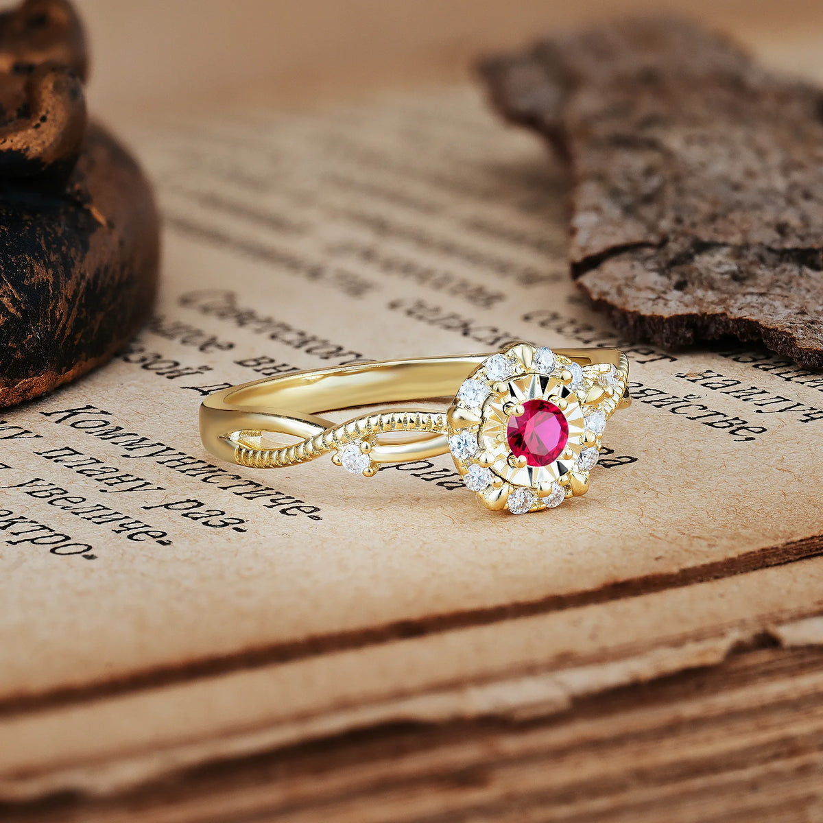 Unique, Luxurious, Twisted 4-Prong Round Cut Ruby Engagement Ring