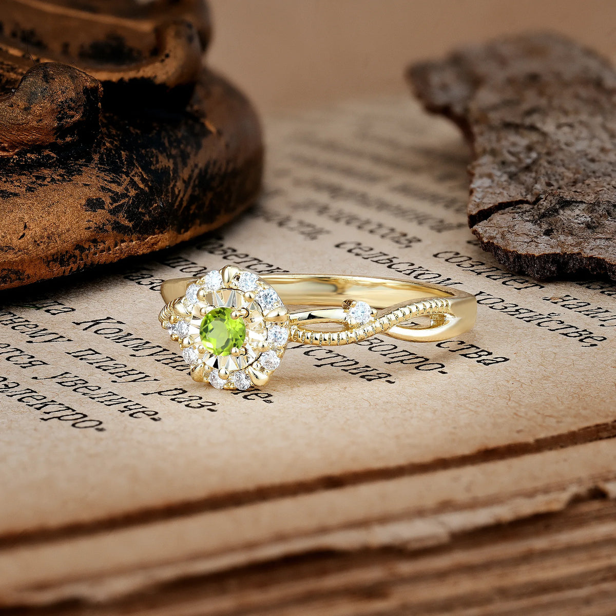 Unique, Luxurious, Twisted 4-Prong Round Cut Peridot Engagement Ring