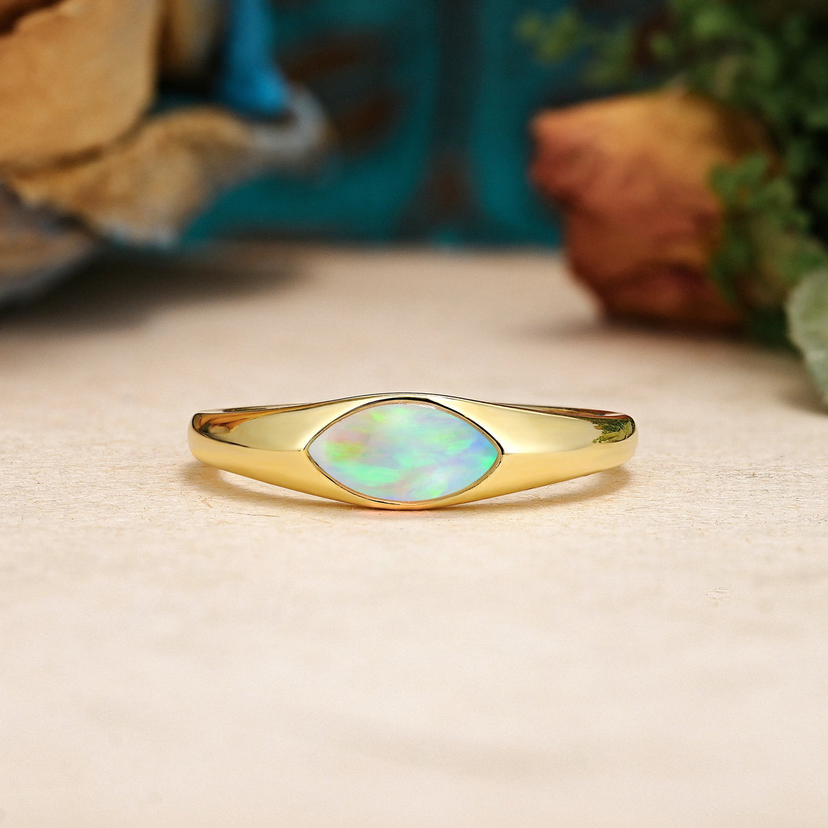 Marquise Cut Fire Opal Unique Inset Promise Ring