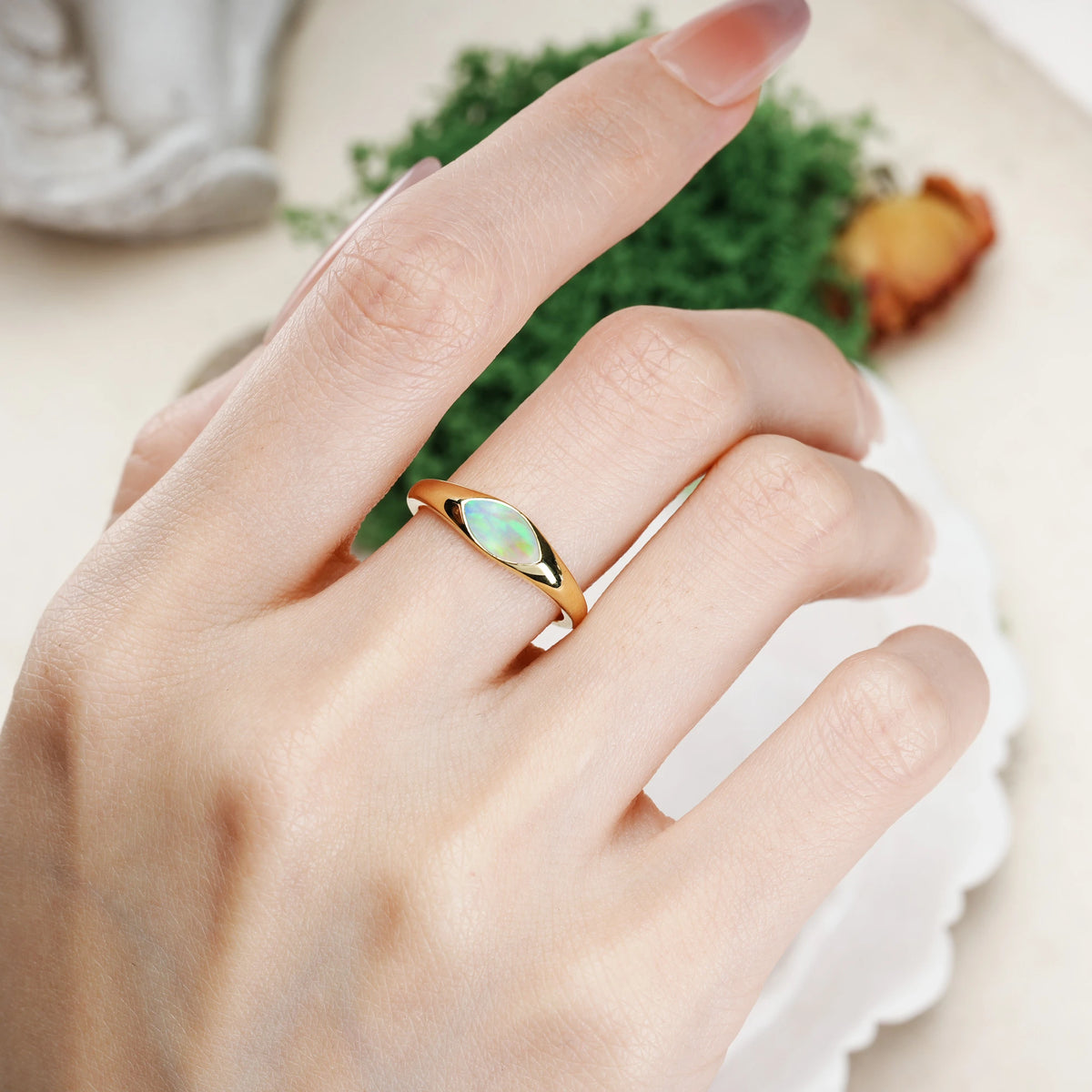 Marquise Cut Fire Opal Unique Inset Promise Ring