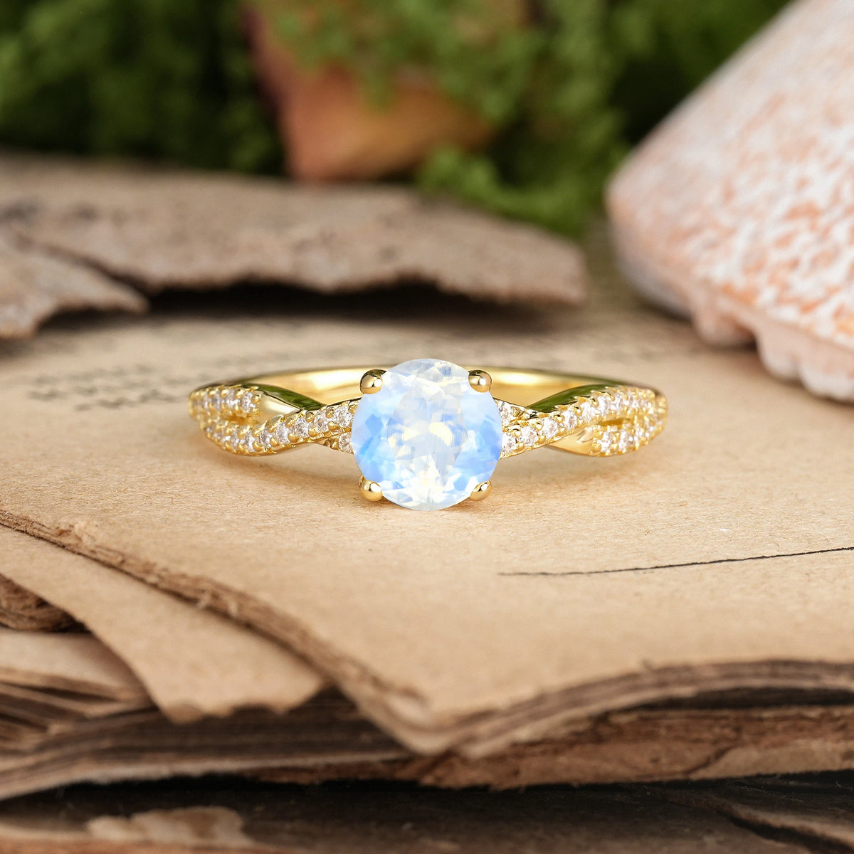 Round Cut Moonstone Luxurious Twisted Pavé Setting, 4-Prong Engagement Ring