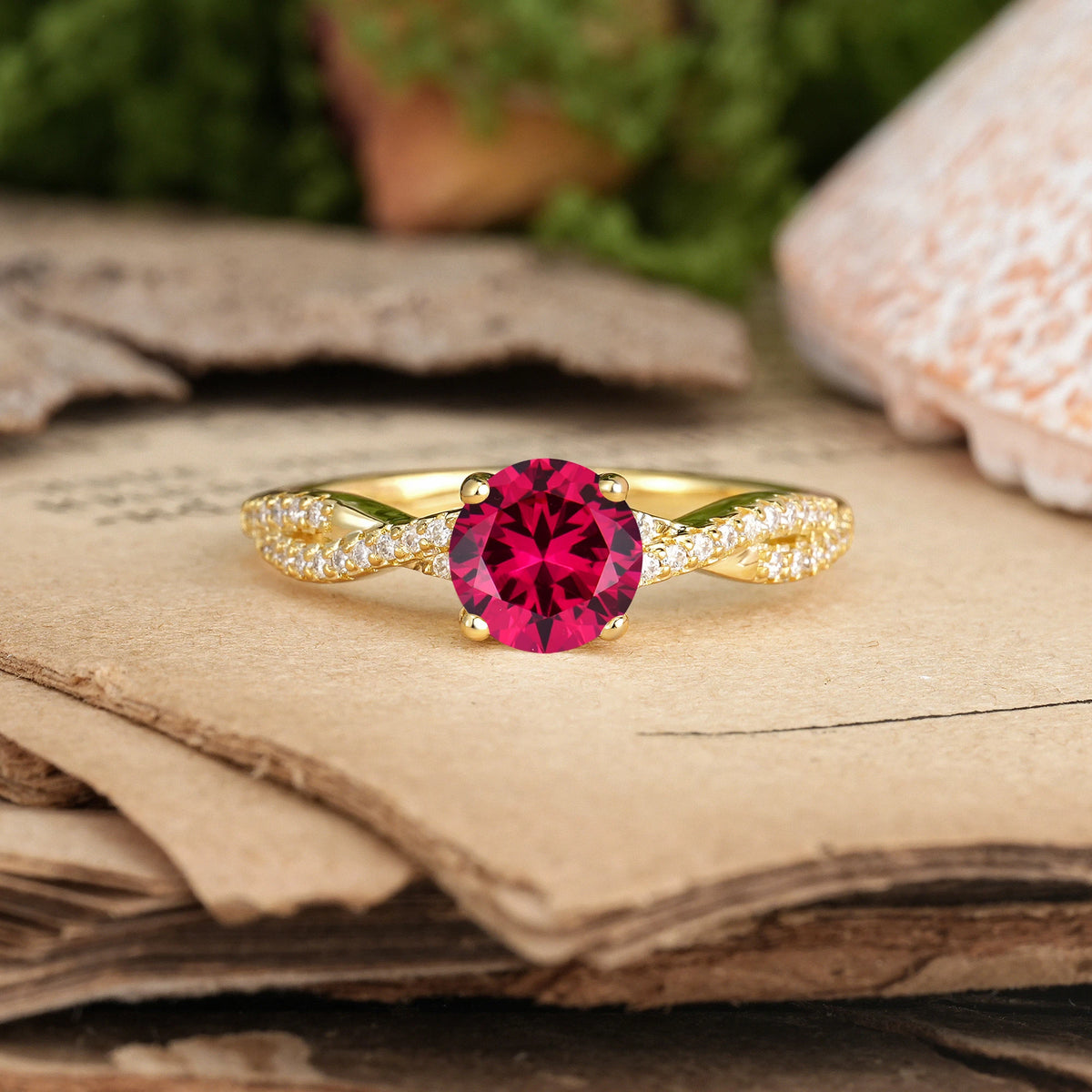 Round Cut Ruby Luxurious Twisted Pavé Setting, 4-Prong Engagement Ring