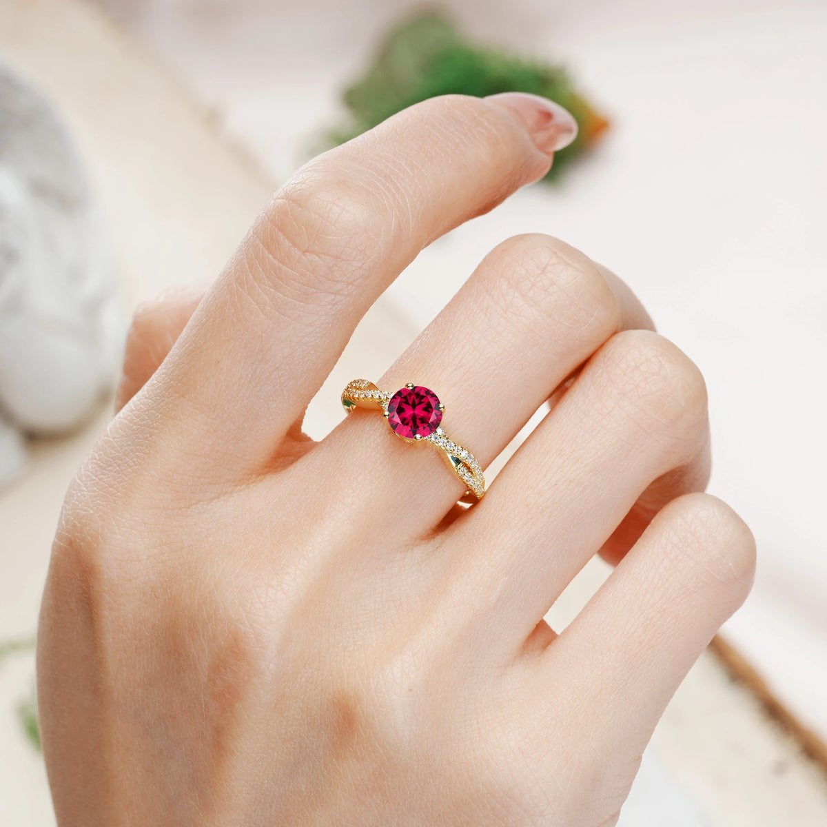 Round Cut Ruby Luxurious Twisted Pavé Setting, 4-Prong Engagement Ring