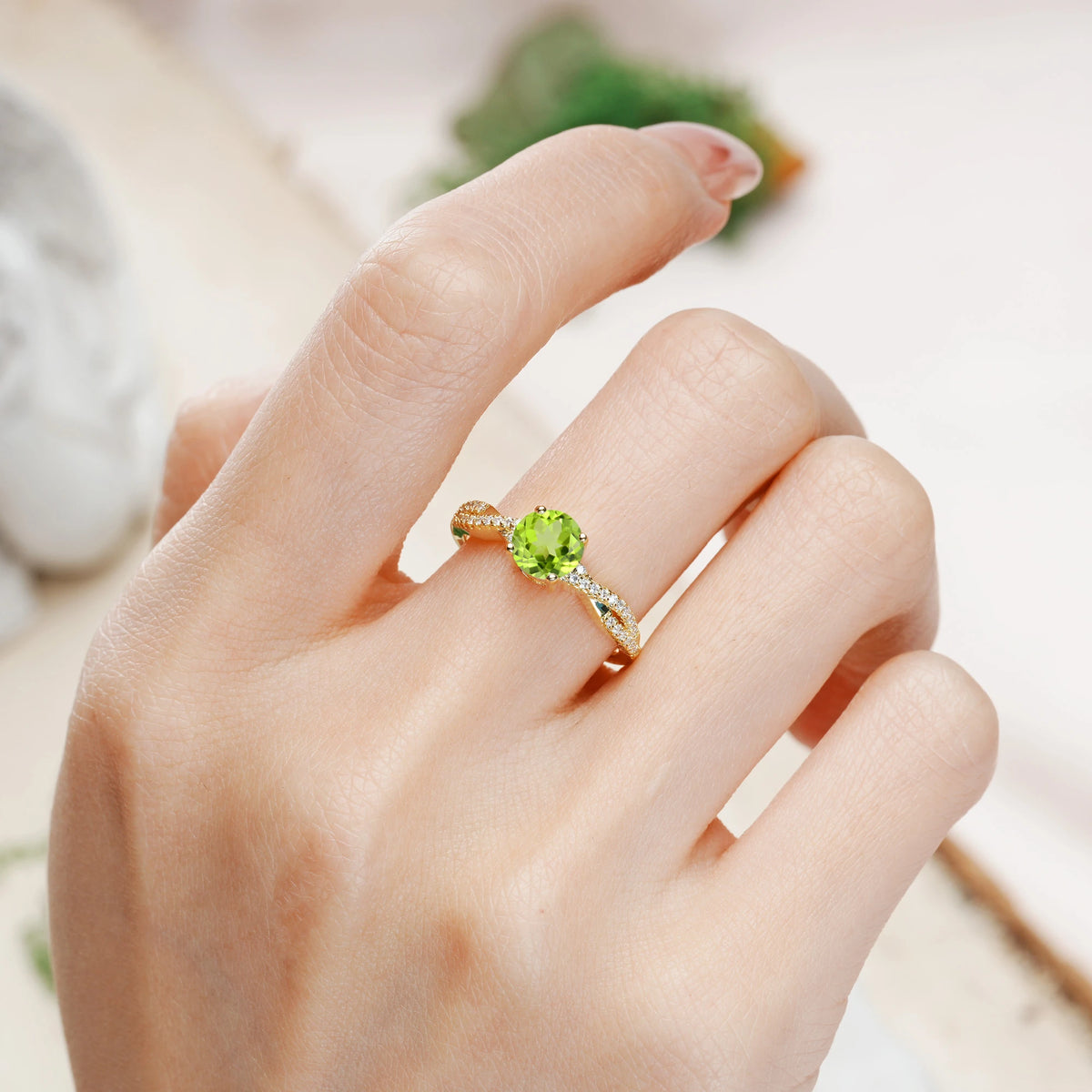 Round Cut Peridot Luxurious Twisted Pavé Setting, 4-Prong Engagement Ring