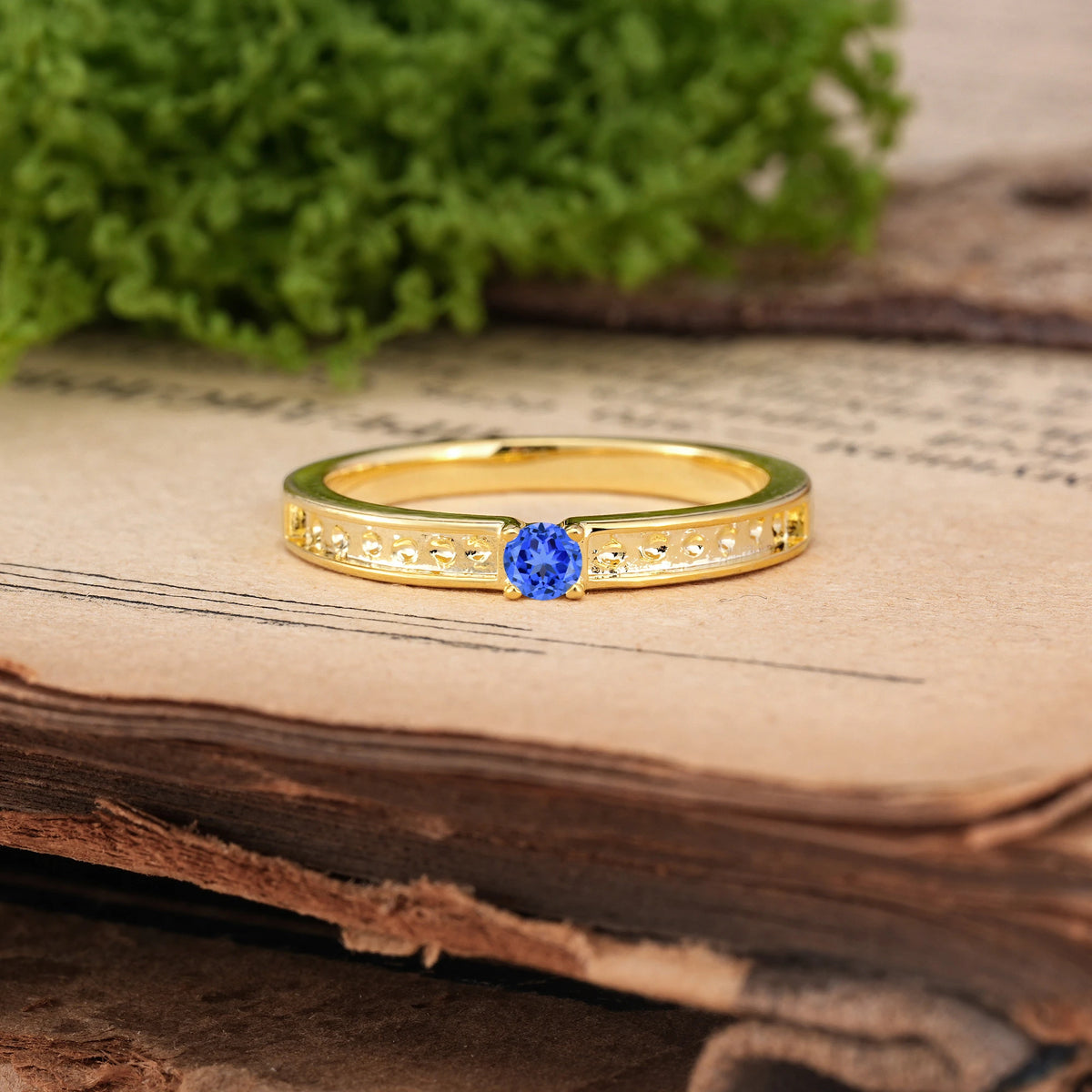 Round Cut Sapphire Dainty Single 4 Prong Openwork Pavé Side Band Engagement Ring