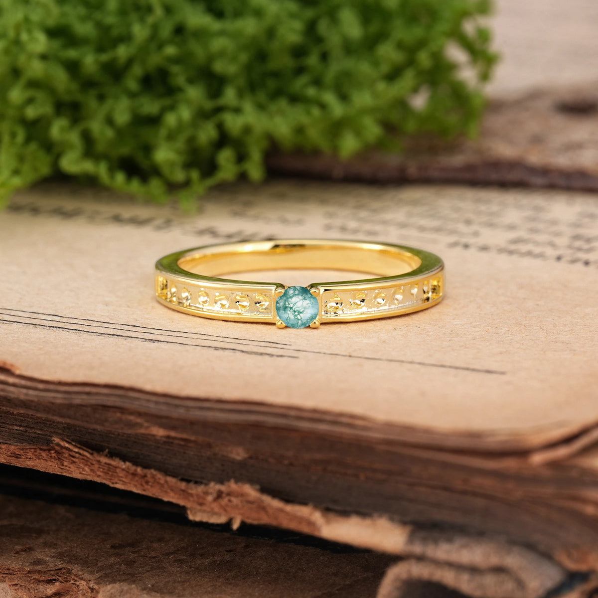 Round Cut Moss Agate Dainty Single 4 Prong Openwork Pavé Side Band Engagement Ring