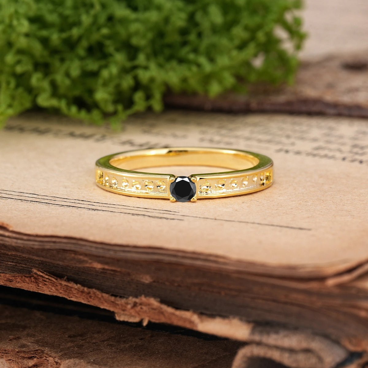 Round Cut Black Onyx Dainty Single 4 Prong Openwork Pavé Side Band Engagement Ring
