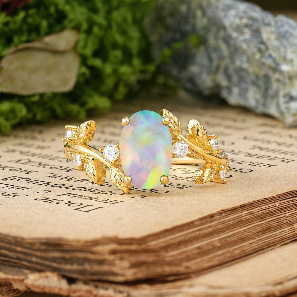 Oval Cut Fire Opal Nature Inspired Four Prong Leaf Vine Accent Engagement Ring