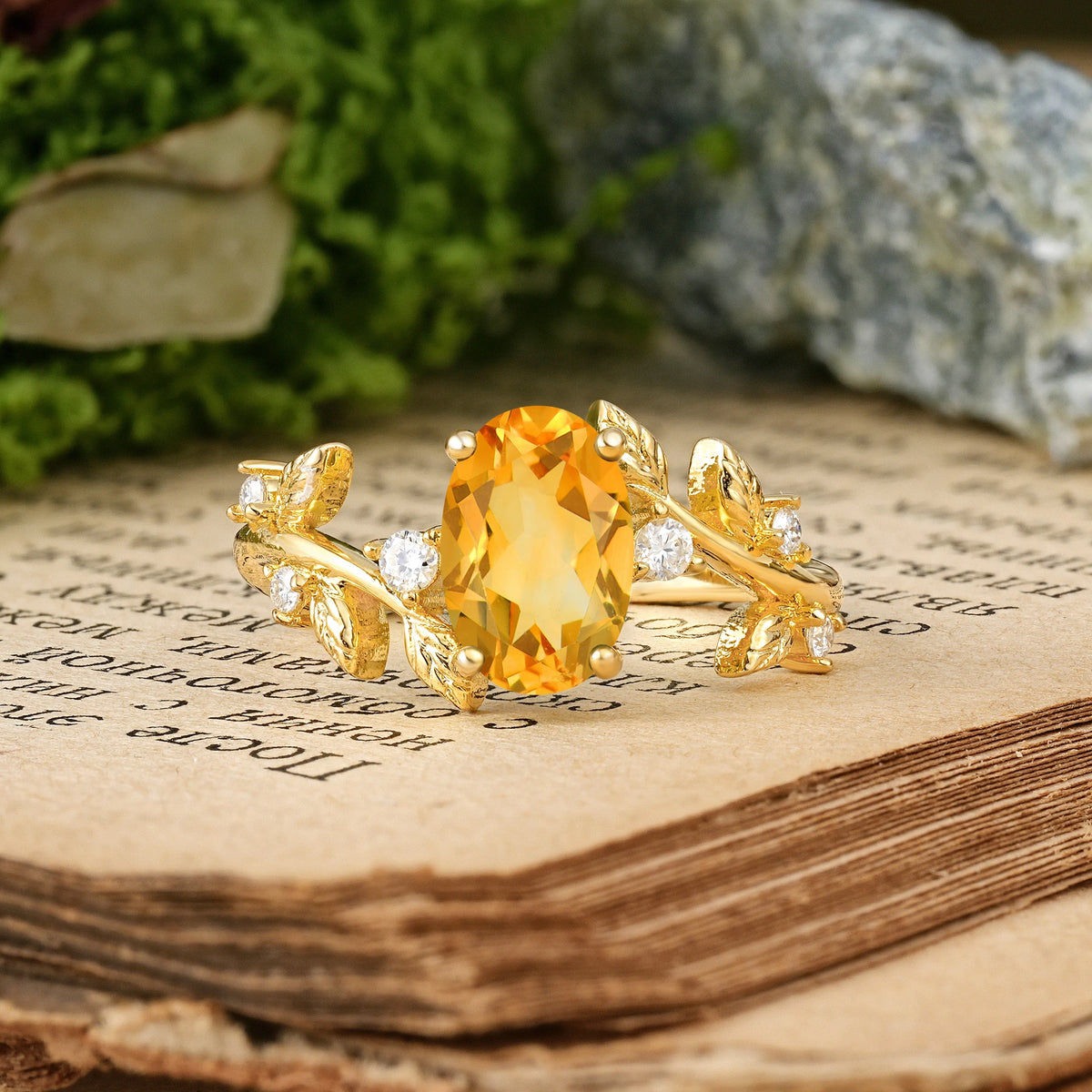 Oval Cut Citrine Nature Inspired Four Prong Leaf Vine Accent Engagement Ring