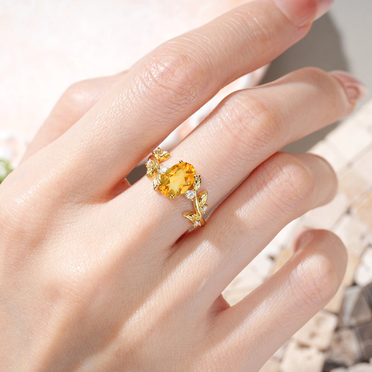 Oval Cut Citrine Nature Inspired Four Prong Leaf Vine Accent Engagement Ring
