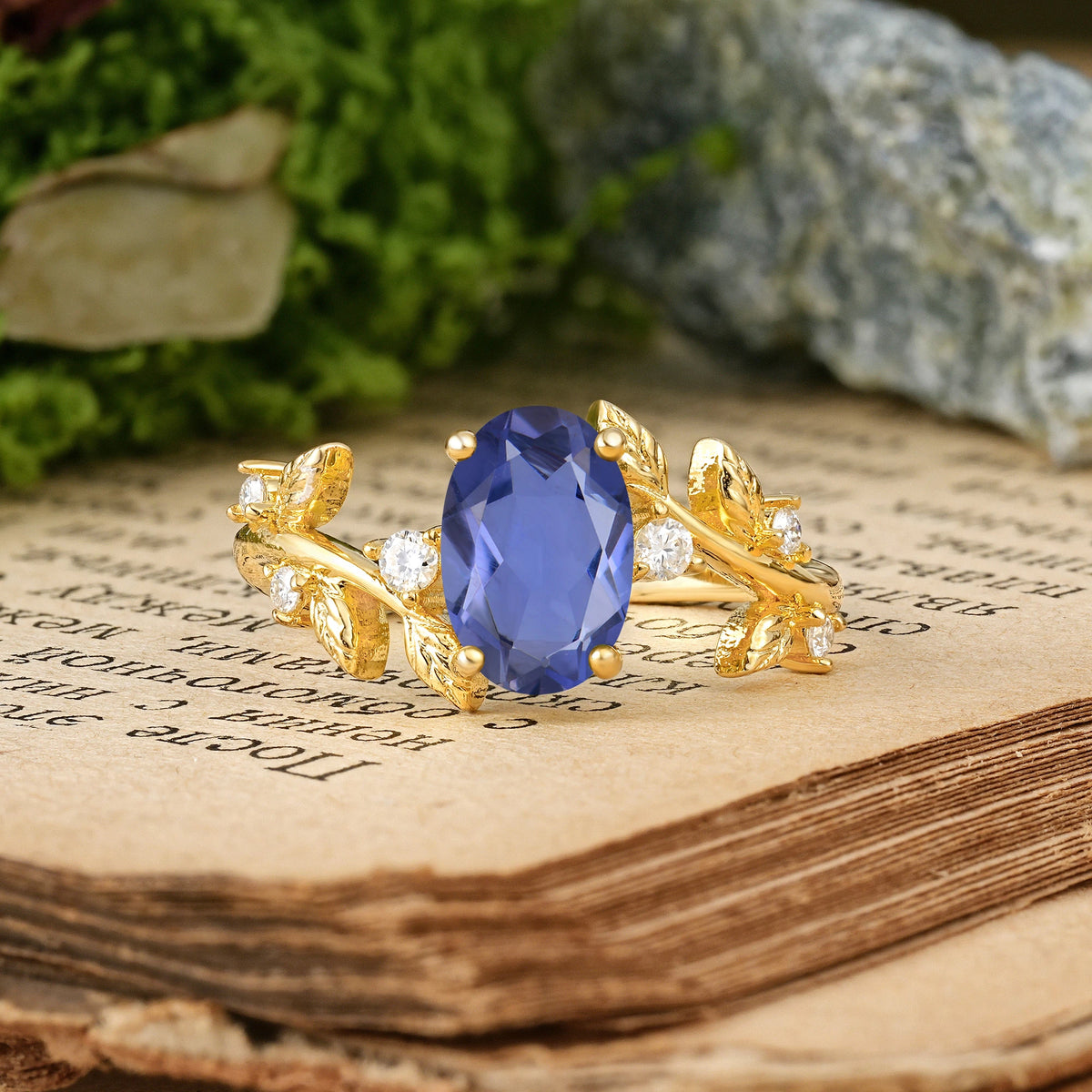 Oval Cut Tanzanite Nature Inspired Four Prong Leaf Vine Accent Engagement Ring
