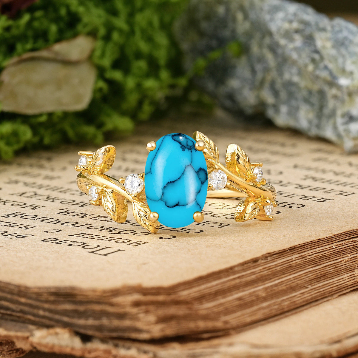 Oval Cut Turquoise Nature Inspired Four Prong Leaf Vine Accent Engagement Ring