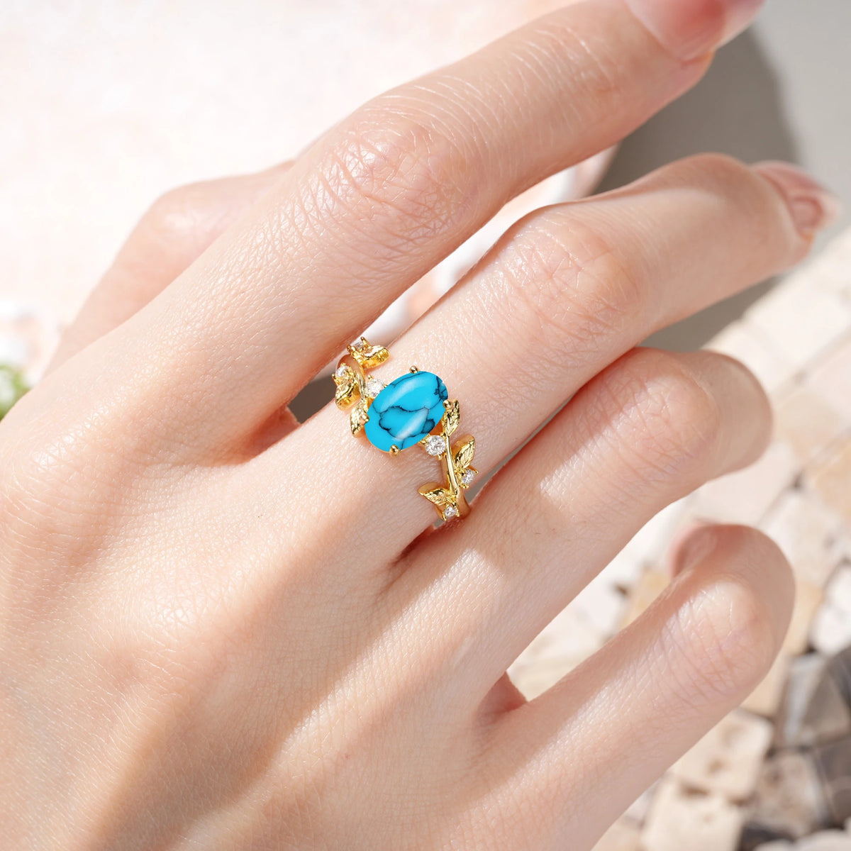 Oval Cut Turquoise Nature Inspired Four Prong Leaf Vine Accent Engagement Ring