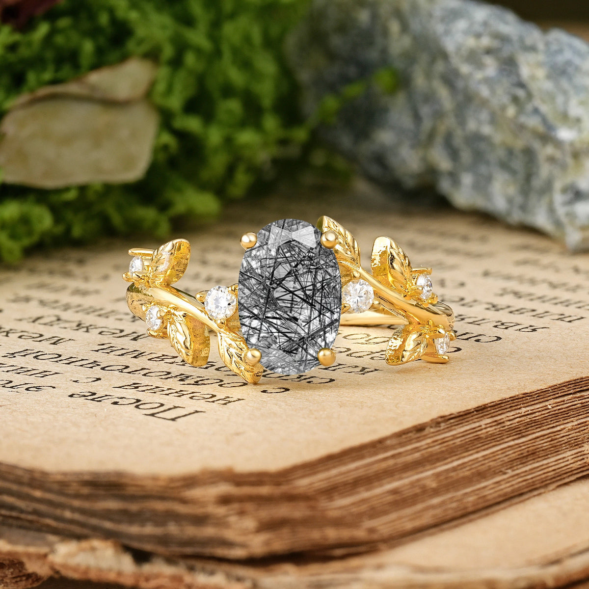 Oval Cut Black Rutilated Quartz Nature Inspired Four Prong Leaf Vine Accent Engagement Ring