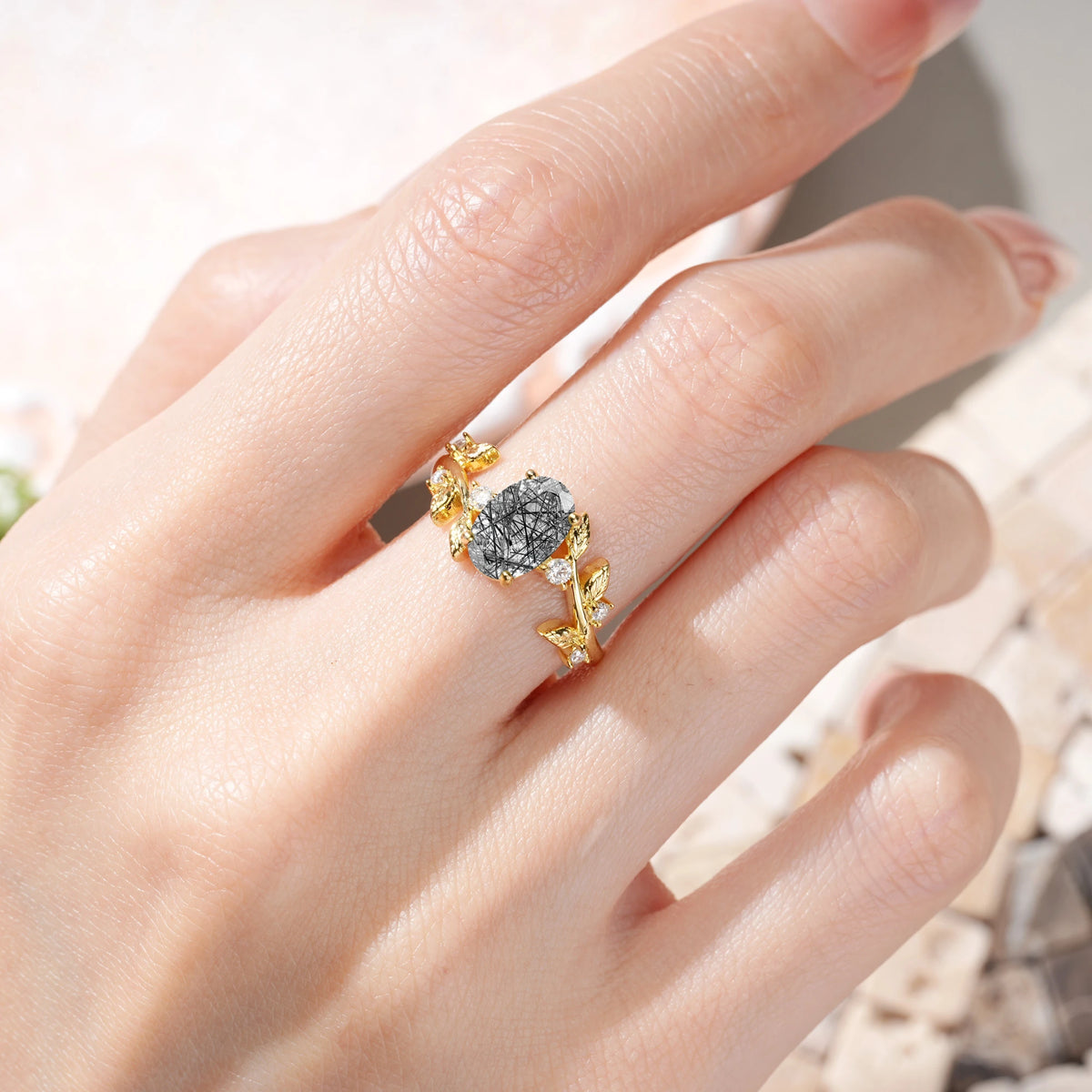 Oval Cut Black Rutilated Quartz Nature Inspired Four Prong Leaf Vine Accent Engagement Ring
