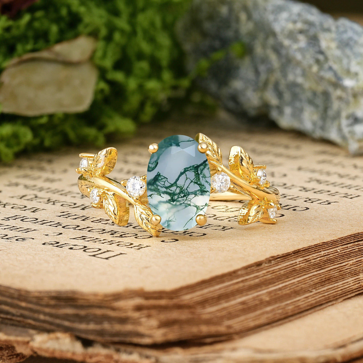 Oval Cut Moss Agate Nature Inspired Four Prong Leaf Vine Accent Engagement Ring
