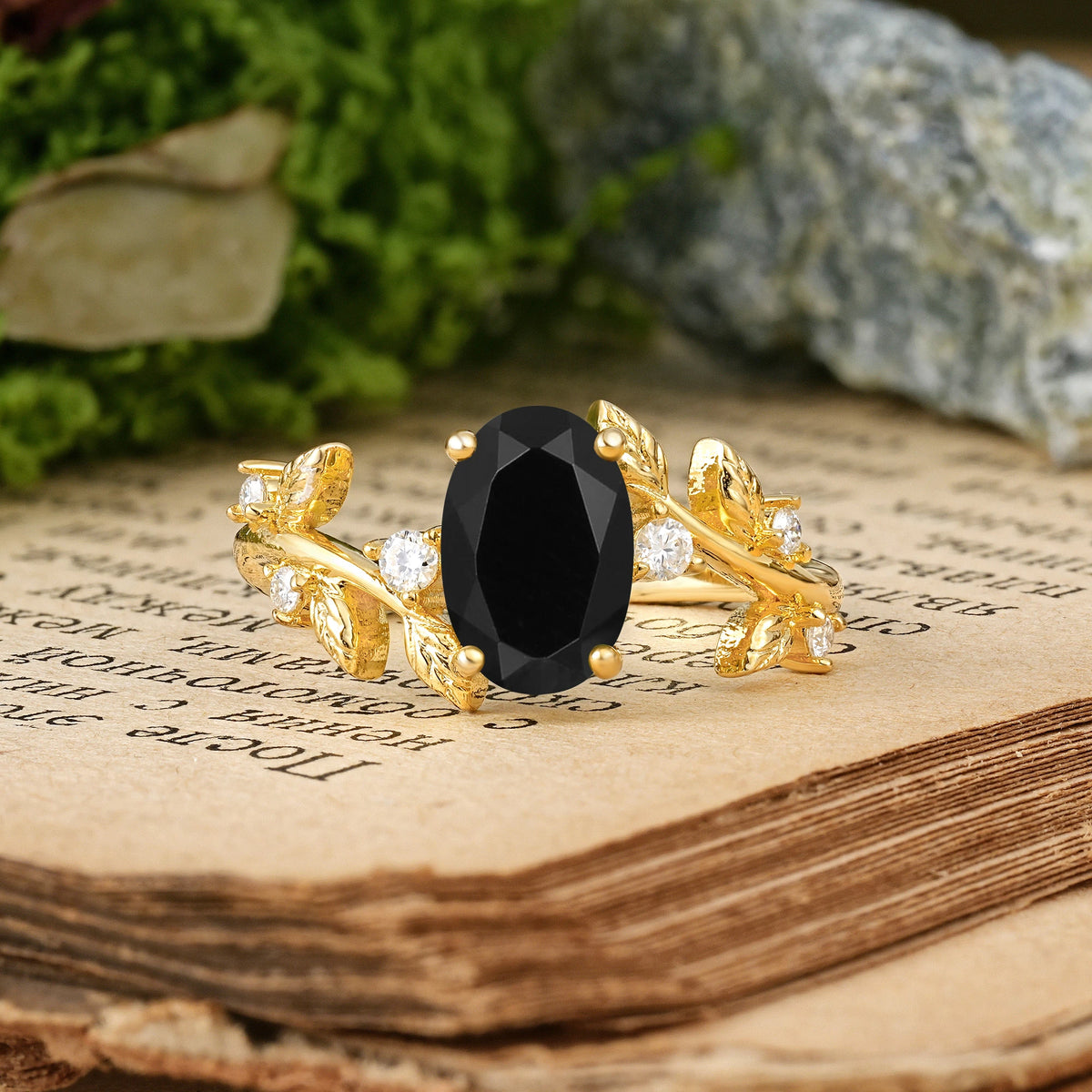 Oval Cut Black Onyx Nature Inspired Four Prong Leaf Vine Accent Engagement Ring
