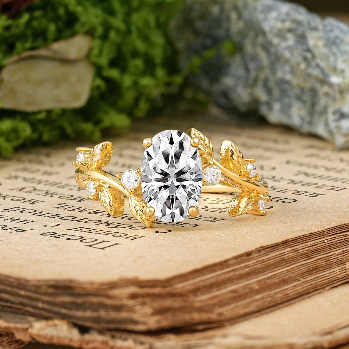 Oval Cut Lab Diamond Nature Inspired Four Prong Leaf Vine Accent Engagement Ring