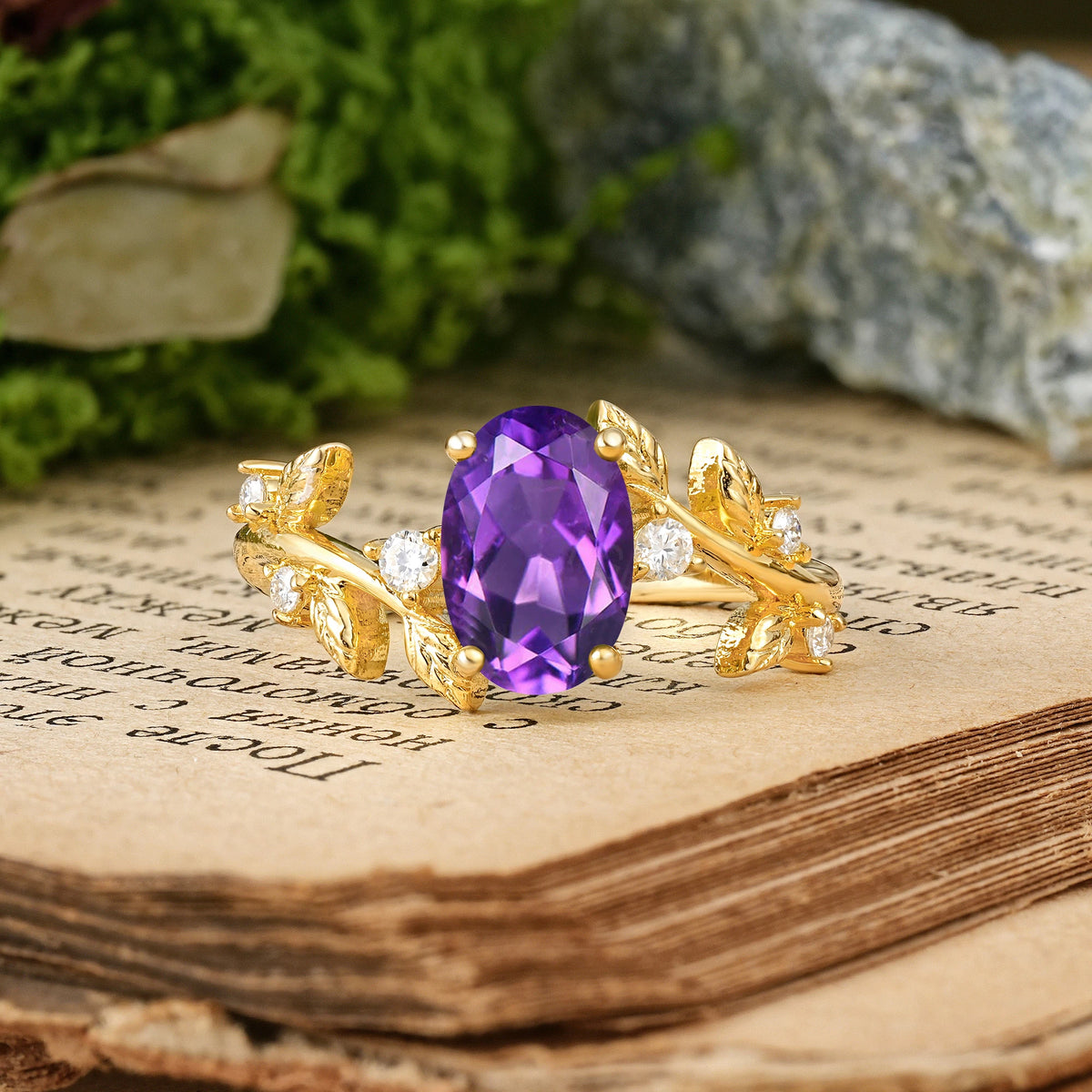 Oval Cut Amethyst Nature Inspired Four Prong Leaf Vine Accent Engagement Ring