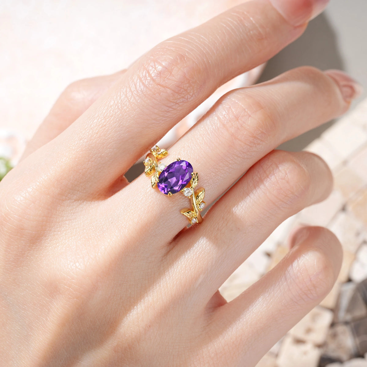 Oval Cut Amethyst Nature Inspired Four Prong Leaf Vine Accent Engagement Ring