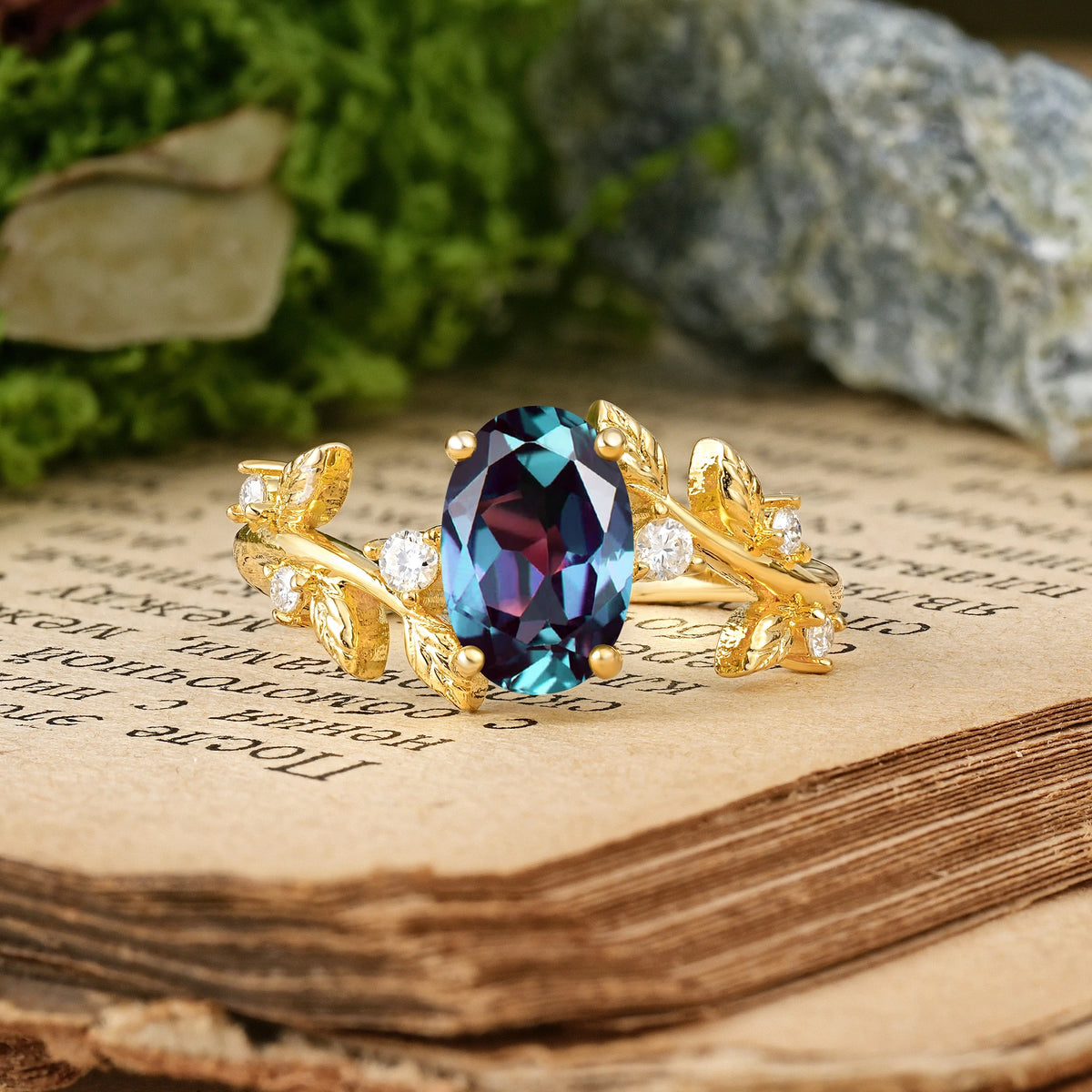 Oval Cut Alexandrite Nature Inspired Four Prong Leaf Vine Accent Engagement Ring