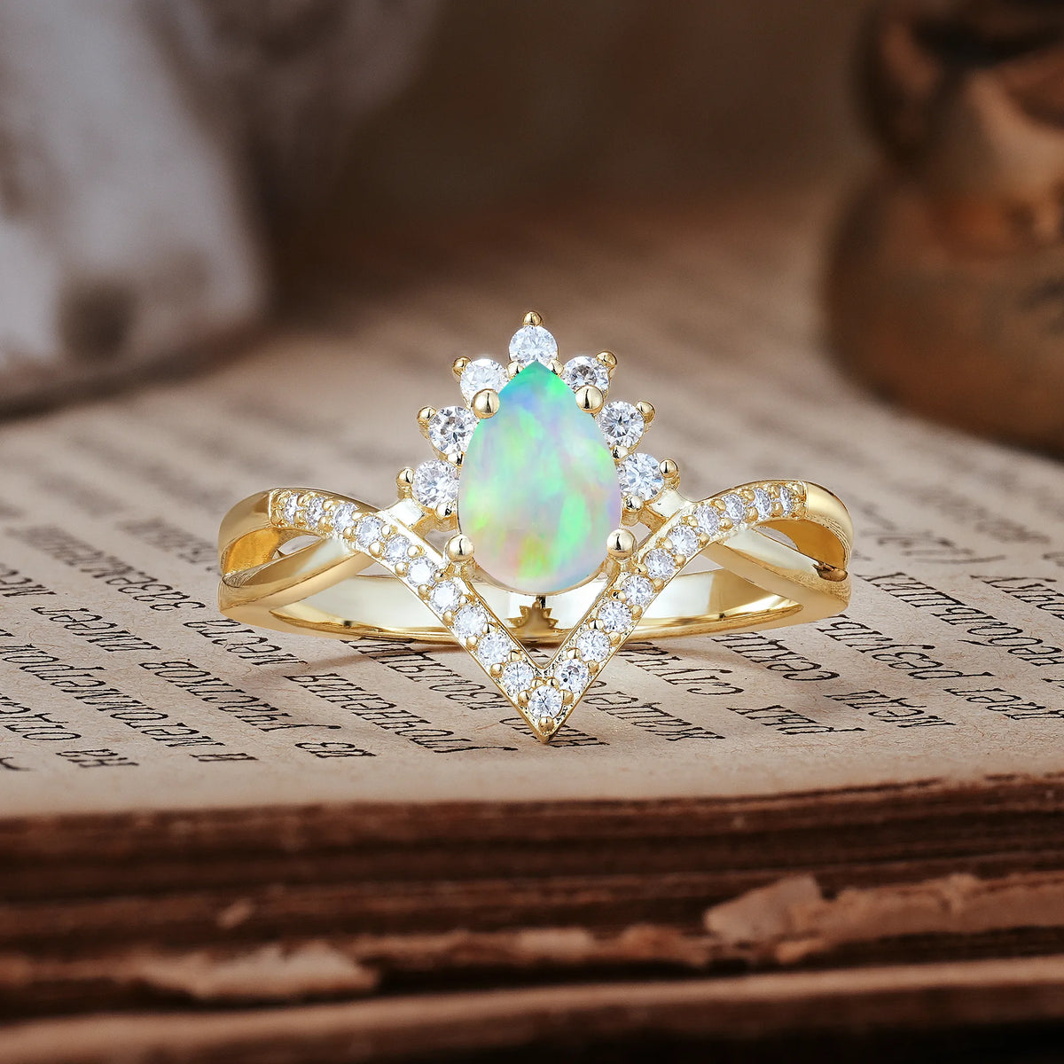 Princess Crown Pear Cut Halo V Shaped Twisted Pavé Shank Fire Opal Engagement Ring