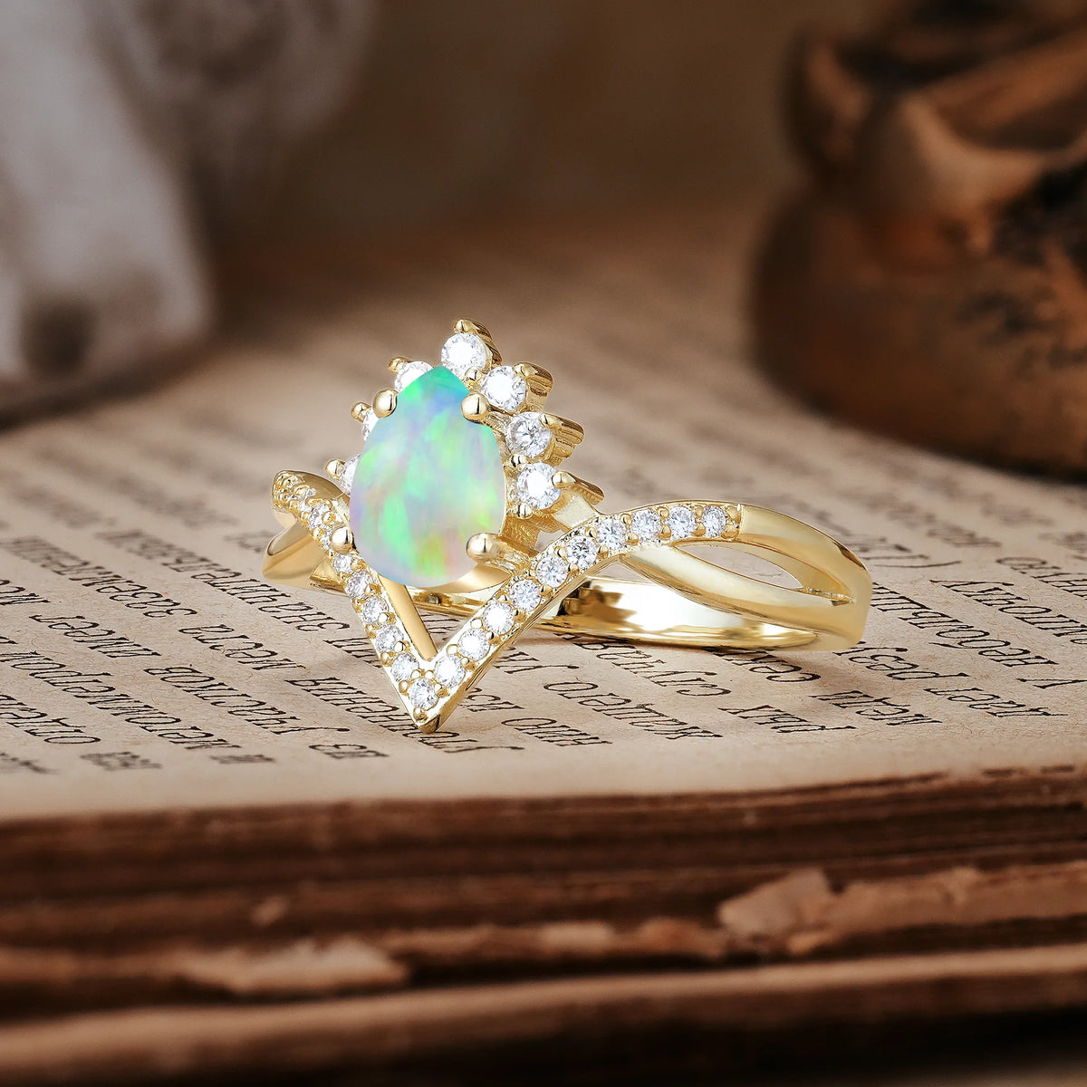 Princess Crown Pear Cut Halo V Shaped Twisted Pavé Shank Fire Opal Engagement Ring