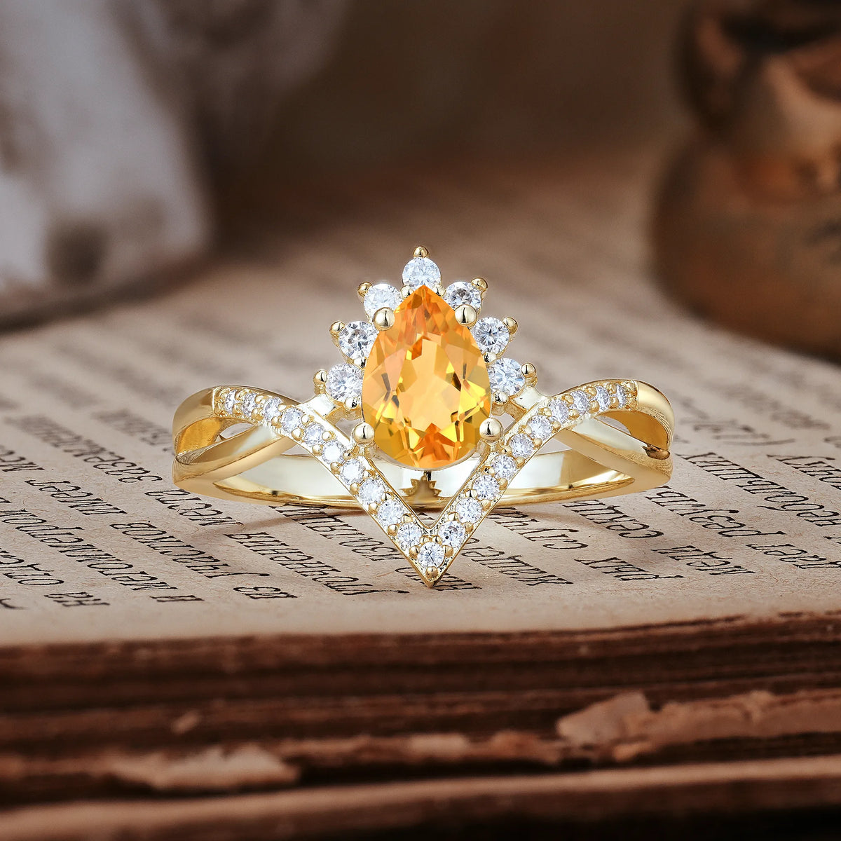 Princess Crown Pear Cut Halo V Shaped Twisted Pavé Shank Citrine Engagement Ring
