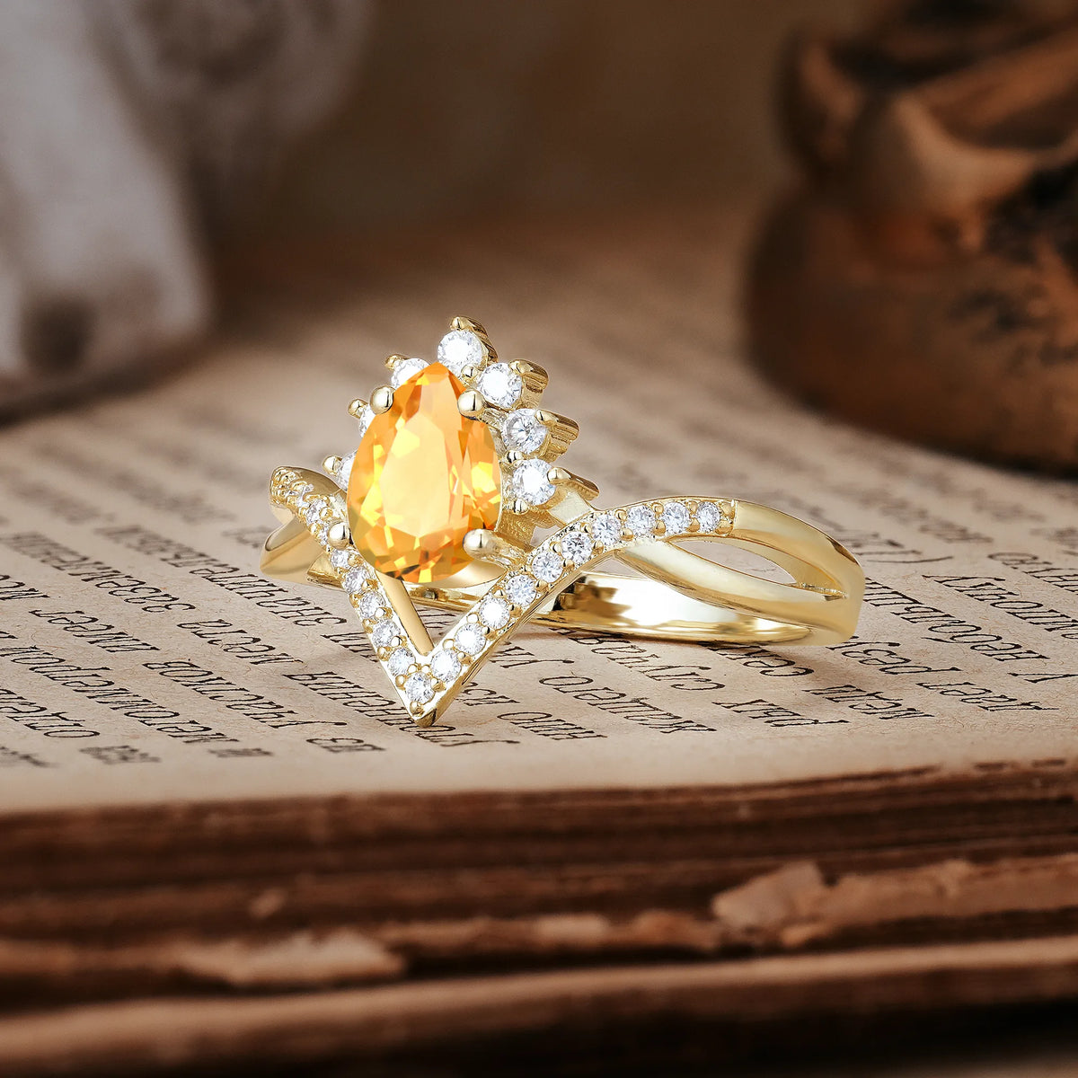 Princess Crown Pear Cut Halo V Shaped Twisted Pavé Shank Citrine Engagement Ring