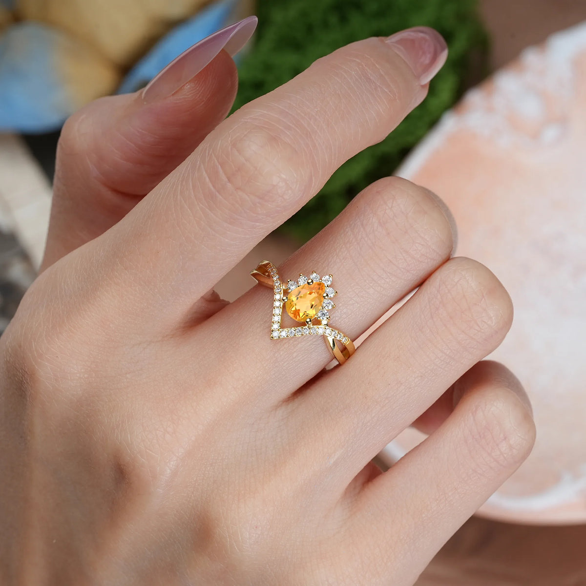 Pear Cut Citrine Princess Crown Halo V Shaped Twisted Pavé Shank Engagement Ring