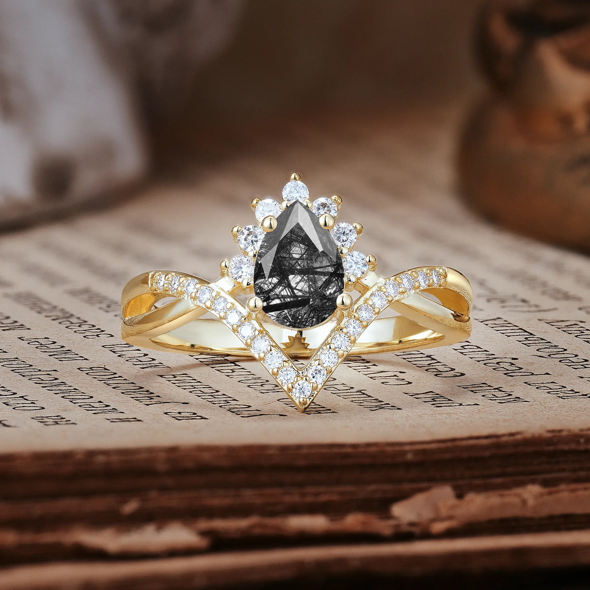 Princess Crown Pear Cut Halo V Shaped Twisted Pavé Shank Black Rutilated Quartz Engagement Ring