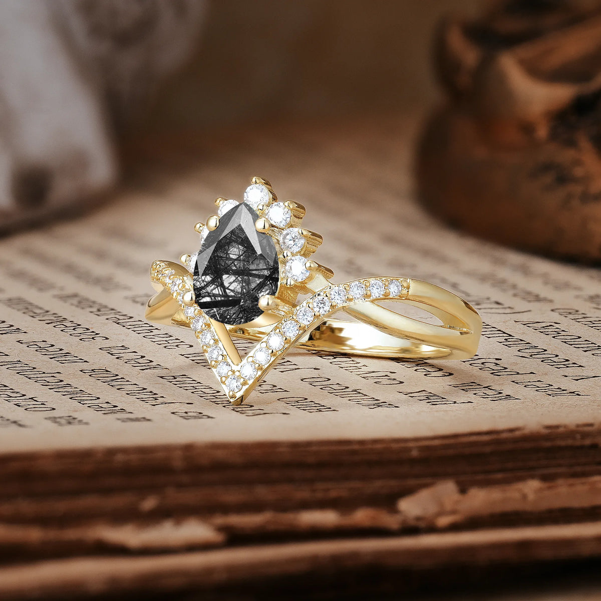 Princess Crown Pear Cut Halo V Shaped Twisted Pavé Shank Black Rutilated Quartz Engagement Ring