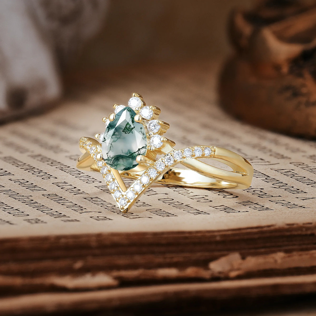 Princess Crown Pear Cut Halo V Shaped Twisted Pavé Shank Moss Agate Engagement Ring