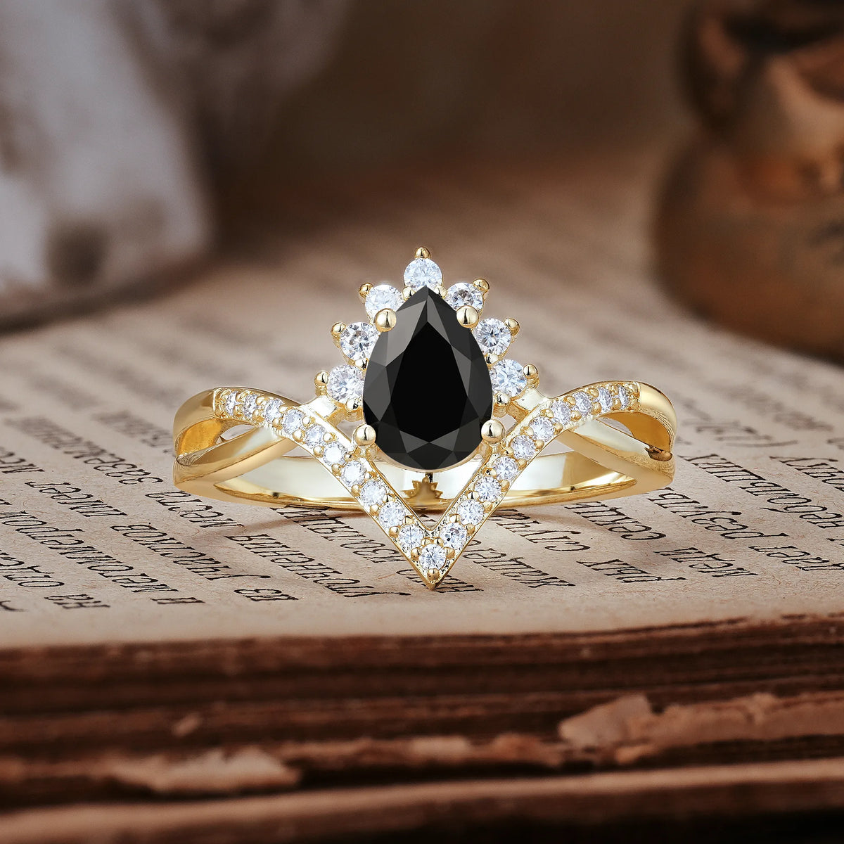 Princess Crown Pear Cut Halo V Shaped Twisted Pavé Shank Black Onyx Engagement Ring