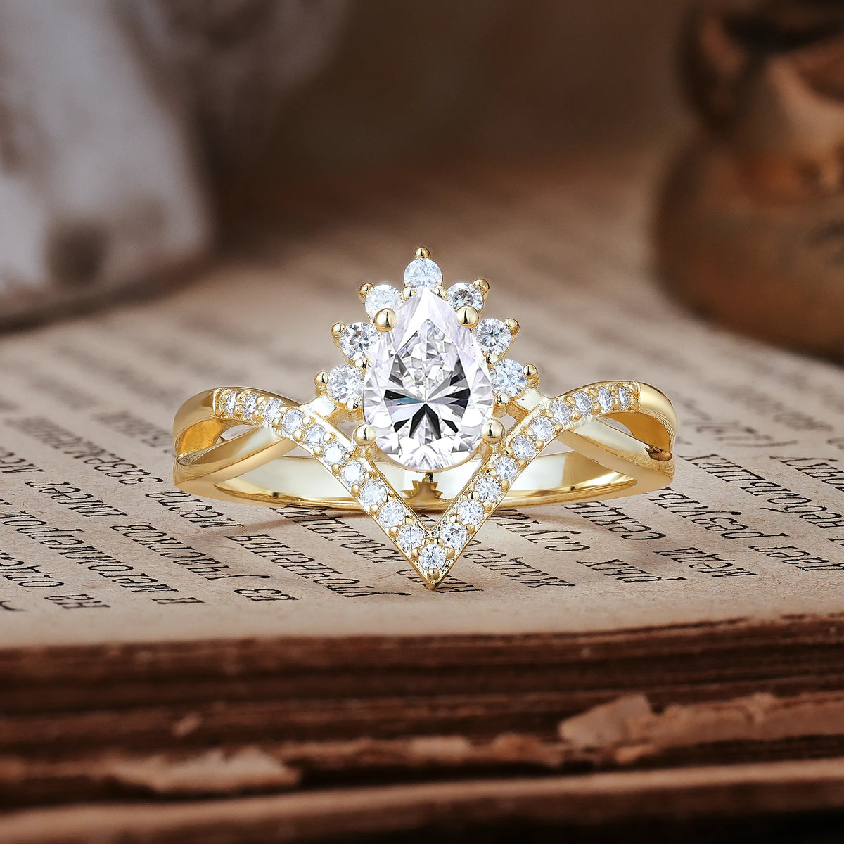 Princess Crown Pear Cut Halo V Shaped Twisted Pavé Shank Lab Diamond Engagement Ring