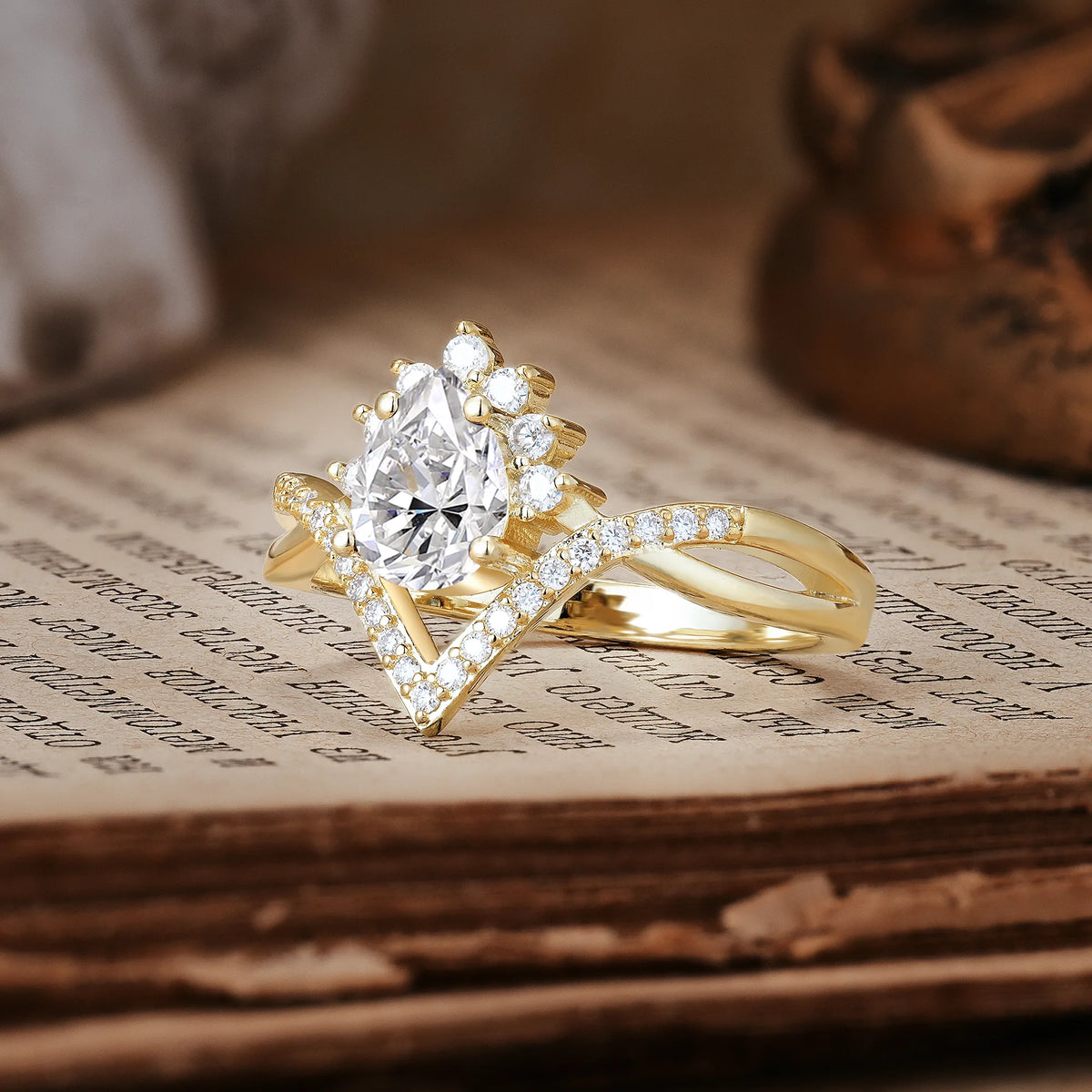 Princess Crown Pear Cut Halo V Shaped Twisted Pavé Shank Lab Diamond Engagement Ring