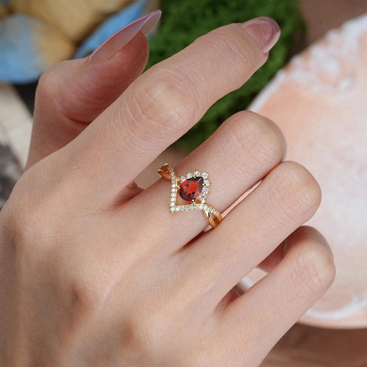 Pear Cut Garnet Princess Crown Halo V Shaped Twisted Pavé Shank Engagement Ring