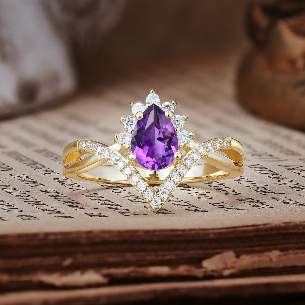 Princess Crown Pear Cut Halo V Shaped Twisted Pavé Shank Amethyst Engagement Ring